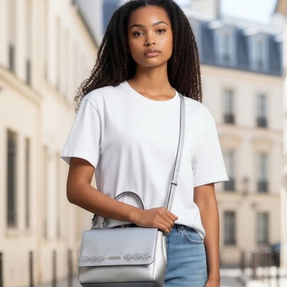 Michael Kors satchel crossbody Saffiano leather metallic silver crystal floral - Picture 16 of 16